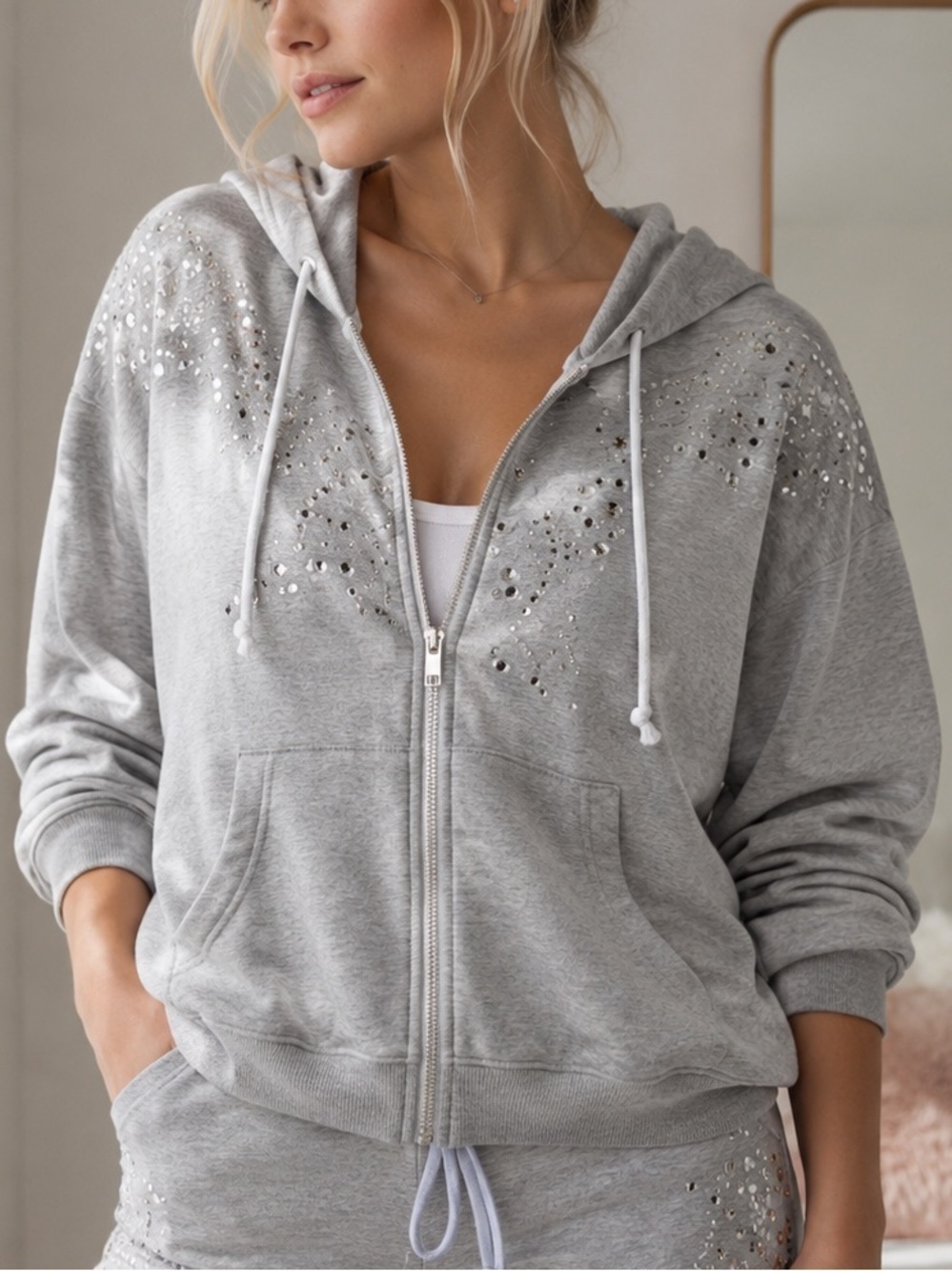 Wildfox Dolly Glitz Embellished Bejeweled Zip Up Hooded Sweatshirt Oversized XXS